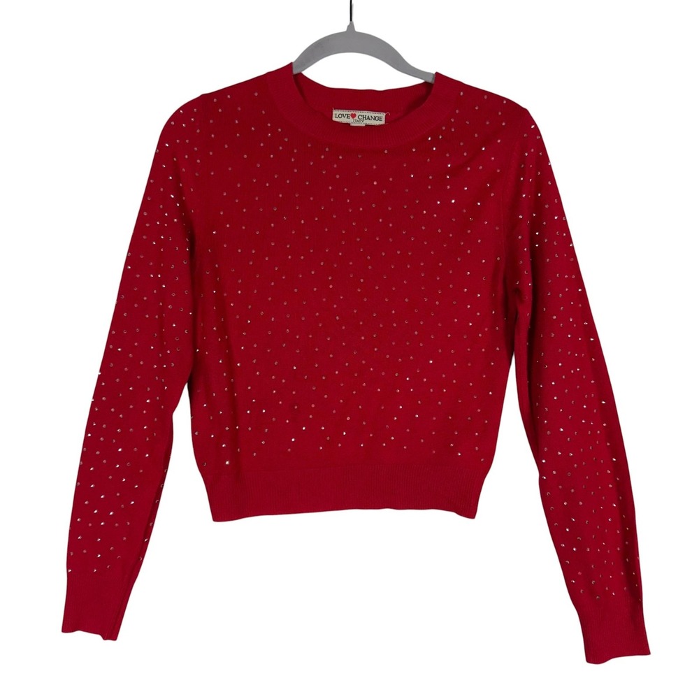 Love Change Sweater Womens Medium Red Rhinestone Crew Neck Tight Knit Pullover